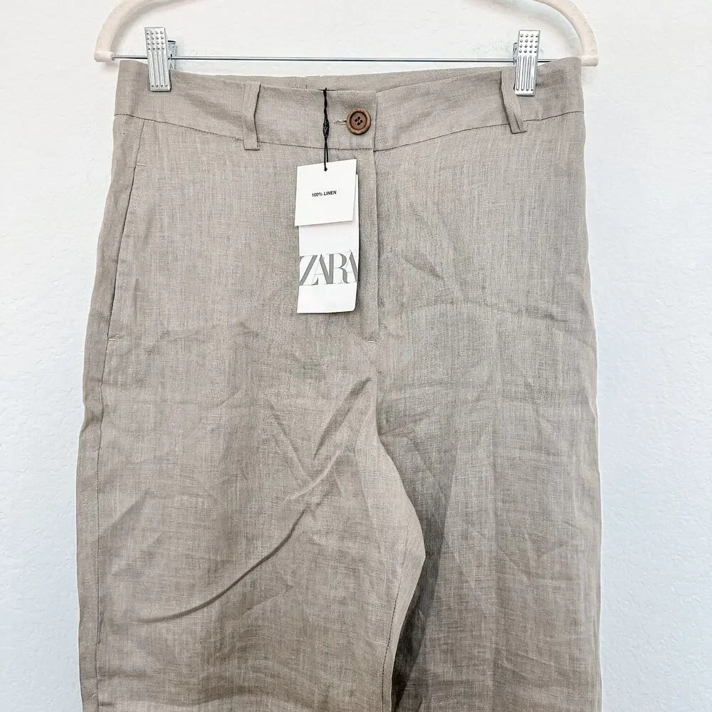 Zara Wide Leg Linen-Blend Pants in Taupe